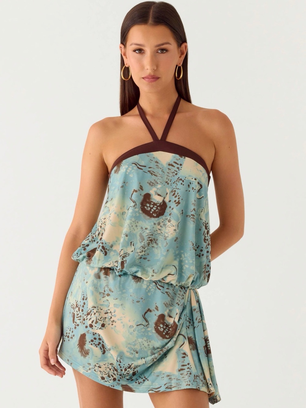 NWT Peppermayo Aqua Blue & Brown Halter Mini Dress Printed Size 4